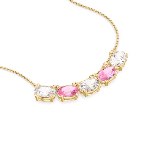 East-West Oval Necklace with 5 Gemstones – 10K Yellow Gold with Cubic Zirconia and Pink Tourmaline