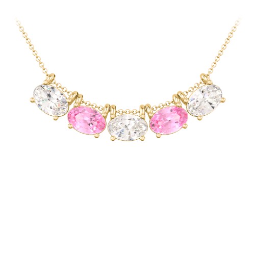 East-West Oval Necklace with 5 Gemstones – 10K Yellow Gold with Cubic Zirconia and Pink Tourmaline