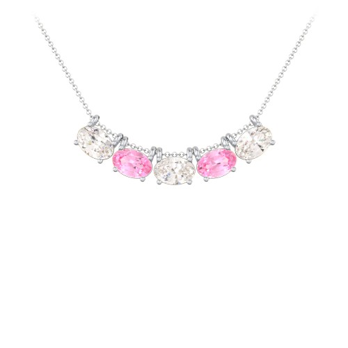 East-West Oval Necklace with 5 Gemstones – 10K Yellow Gold with Cubic Zirconia and Pink Tourmaline