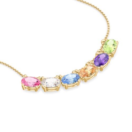 East-West Oval Necklace with 6 Gemstones – 10K Yellow Gold with Pink Tourmaline, Cubic Zirconia, Blue Topaz, Fancy Yellow Premium Zirconia, Amethyst, and Peridot