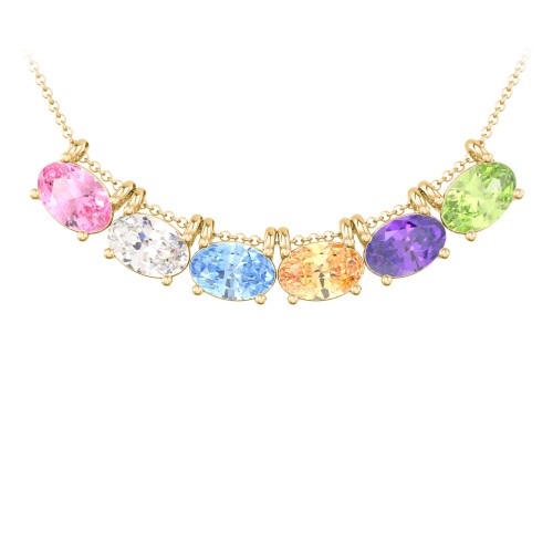 East-West Oval Necklace with 6 Gemstones – 10K Yellow Gold with Pink Tourmaline, Cubic Zirconia, Blue Topaz, Fancy Yellow Premium Zirconia, Amethyst, and Peridot