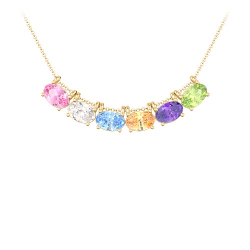 East-West Oval Necklace with 6 Gemstones – 10K Yellow Gold with Pink Tourmaline, Cubic Zirconia, Blue Topaz, Fancy Yellow Premium Zirconia, Amethyst, and Peridot