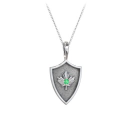 Maple Leaf Hero Shield Pendant with Gemstone in 925 Sterling Silver with Emerald