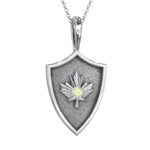 Maple Leaf Hero Shield Pendant with Gemstone – Sterling Silver with Peridot