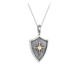 Compass Hero Shield Pendant with Gemstone in 925 Sterling Silver with Citrine