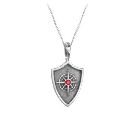 Compass Hero Shield Pendant with Gemstone in 925 Sterling Silver with Garnet