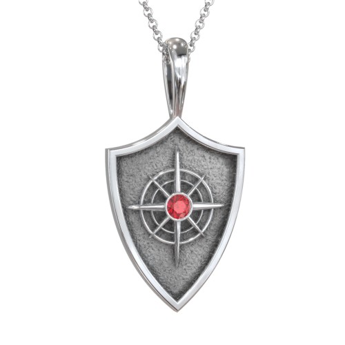 Compass Hero Shield Pendant with Gemstone – Sterling Silver with Garnet