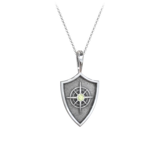 Compass Hero Shield Pendant with Gemstone – Sterling Silver with Peridot