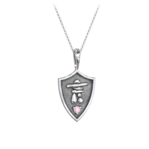 Inukshuk Hero Shield Pendant with Gemstone – Sterling Silver with Pink Tourmaline