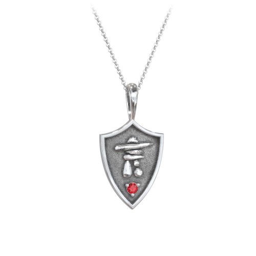 Inukshuk Hero Shield Pendant with Gemstone – Sterling Silver with Garnet