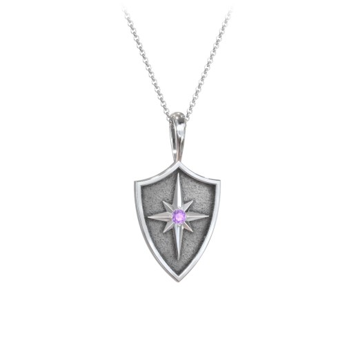 Starburst Hero Shield Pendant with Gemstone – Sterling Silver with Amethyst