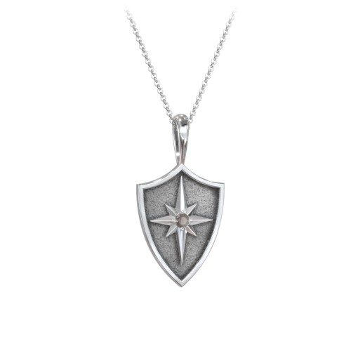 Starburst Hero Shield Pendant with Gemstone – Sterling Silver with Smokey Quartz