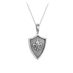 Fleur-de-lis Hero Shield Pendant with Gemstone in 925 Sterling Silver with Smokey Quartz