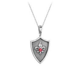 Fleur-de-lis Hero Shield Pendant with Gemstone in 925 Sterling Silver with Garnet