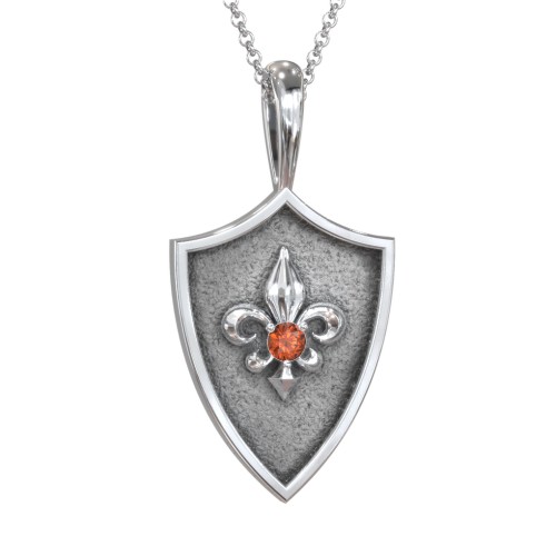 Fleur-de-lis Hero Shield Pendant with Gemstone – Sterling Silver with Garnet
