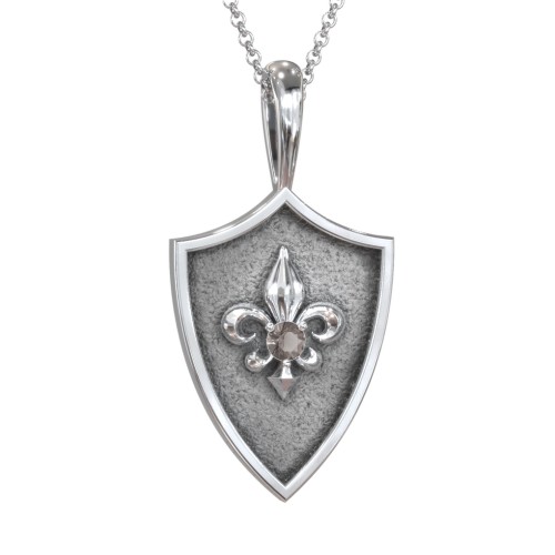 Fleur-de-lis Hero Shield Pendant with Gemstone – Sterling Silver with Smokey Quartz