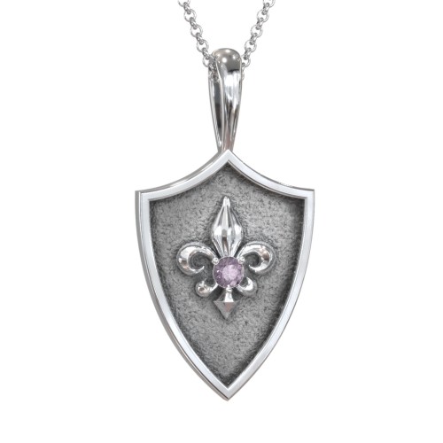 Fleur-de-lis Hero Shield Pendant with Gemstone – Sterling Silver with Alexandrite