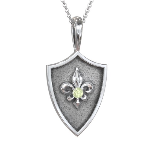 Fleur-de-lis Hero Shield Pendant with Gemstone – Sterling Silver with Peridot