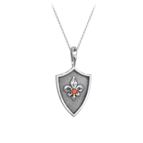 Fleur-de-lis Hero Shield Pendant with Gemstone – Sterling Silver with Garnet
