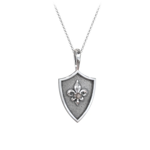 Fleur-de-lis Hero Shield Pendant with Gemstone – Sterling Silver with Smokey Quartz