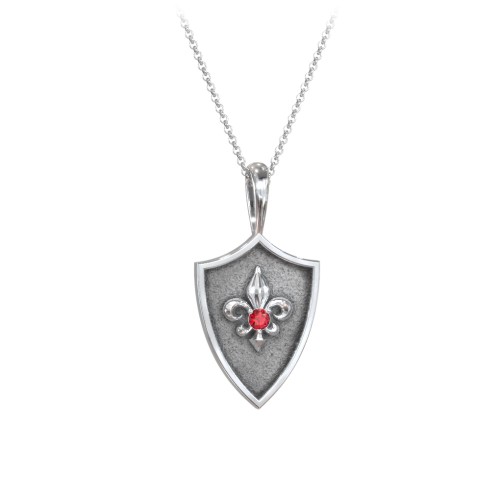 Fleur-de-lis Hero Shield Pendant with Gemstone – Sterling Silver with Garnet