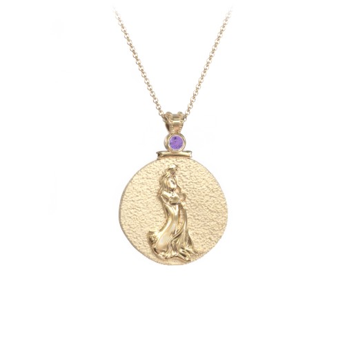 Engravable Aquarius Zodiac Medallion With Accent – 18K Gold Plated Silver with Amethyst
