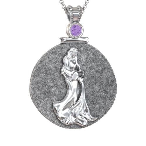 Engravable Aquarius Zodiac Medallion With Accent – Sterling Silver with Amethyst