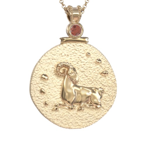 Engravable Aries Zodiac Medallion With Accent – 18K Gold Plated Silver with Garnet