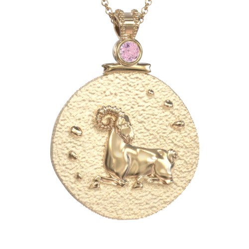 Engravable Aries Zodiac Medallion With Accent – 18K Gold Plated Silver with Pink Tourmaline