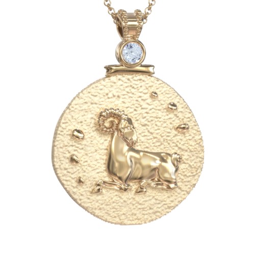 Engravable Aries Zodiac Medallion With Accent – 18K Gold Plated Silver with Aquamarine