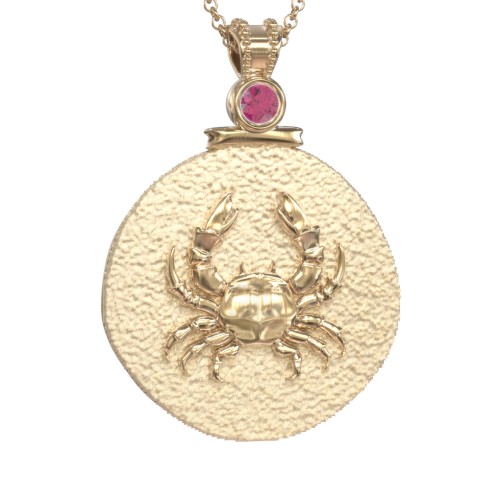 Engravable Cancer Zodiac Medallion With Accent – 18K Gold Plated Silver with Ruby