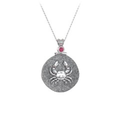 Engravable Cancer Zodiac Medallion With Accent – Sterling Silver with Ruby
