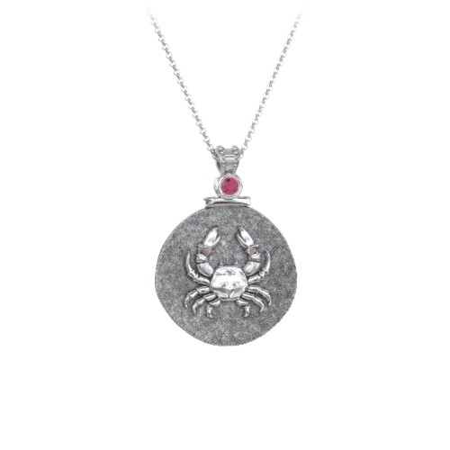 Engravable Cancer Zodiac Medallion With Accent – Sterling Silver with Ruby