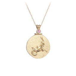 Engravable Capricorn Zodiac Medallion With Accent in 18K Gold Plated Silver with Pink Tourmaline
