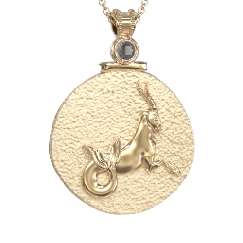 Engravable Capricorn Zodiac Medallion With Accent – 18K Gold Plated Silver with Smokey Quartz