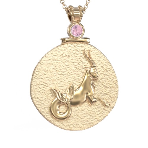Engravable Capricorn Zodiac Medallion With Accent – 18K Gold Plated Silver with Pink Tourmaline