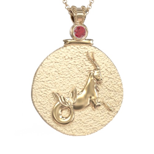 Engravable Capricorn Zodiac Medallion With Accent – 18K Gold Plated Silver with Garnet