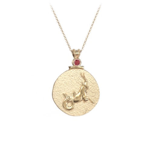 Engravable Capricorn Zodiac Medallion With Accent – 18K Gold Plated Silver with Garnet