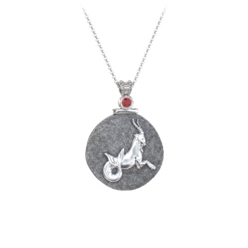 Engravable Capricorn Zodiac Medallion With Accent – Sterling Silver with Garnet