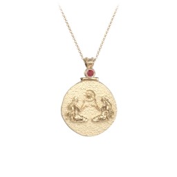 Engravable Gemini Zodiac Medallion With Accent in 18K Gold Plated Silver with Garnet