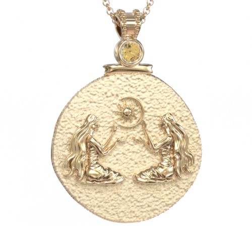 Engravable Gemini Zodiac Medallion With Accent – 18K Gold Plated Silver with Citrine