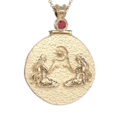 Engravable Gemini Zodiac Medallion With Accent – 18K Gold Plated Silver with Garnet