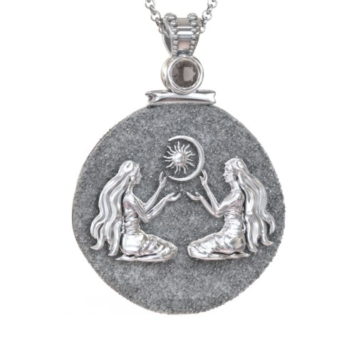 Engravable Gemini Zodiac Medallion With Accent – Sterling Silver with Smokey Quartz
