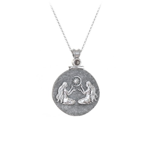 Engravable Gemini Zodiac Medallion With Accent – Sterling Silver with Smokey Quartz