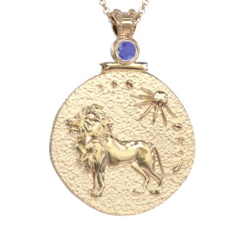 Engravable Leo Zodiac Medallion With Accent – 18K Gold Plated Silver with Blue Sapphire