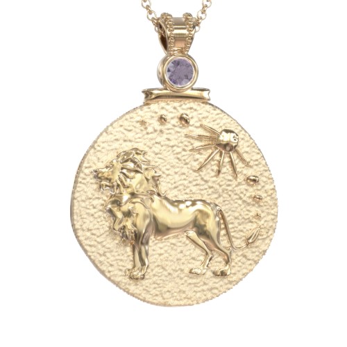 Engravable Leo Zodiac Medallion With Accent – 18K Gold Plated Silver with Alexandrite