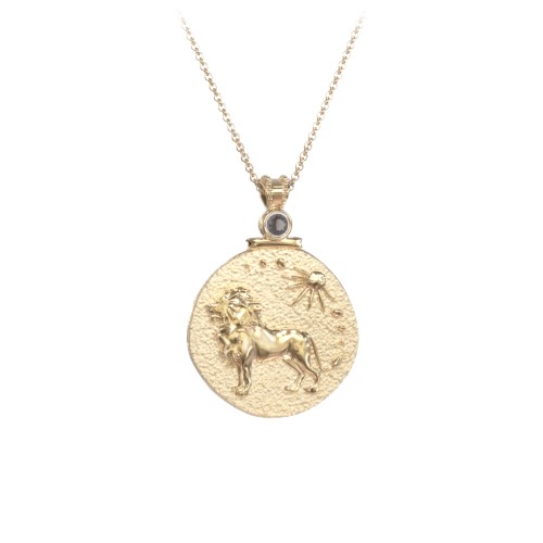 Engravable Leo Zodiac Medallion With Accent – 18K Gold Plated Silver with Smokey Quartz