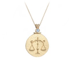 Engravable Libra Zodiac Medallion With Accent in 18K Gold Plated Silver with Blue Topaz