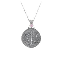 Engravable Libra Zodiac Medallion With Accent – Sterling Silver with Pink Tourmaline