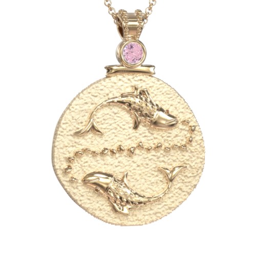 Engravable Pisces Zodiac Medallion With Accent – 18K Gold Plated Silver with Pink Tourmaline